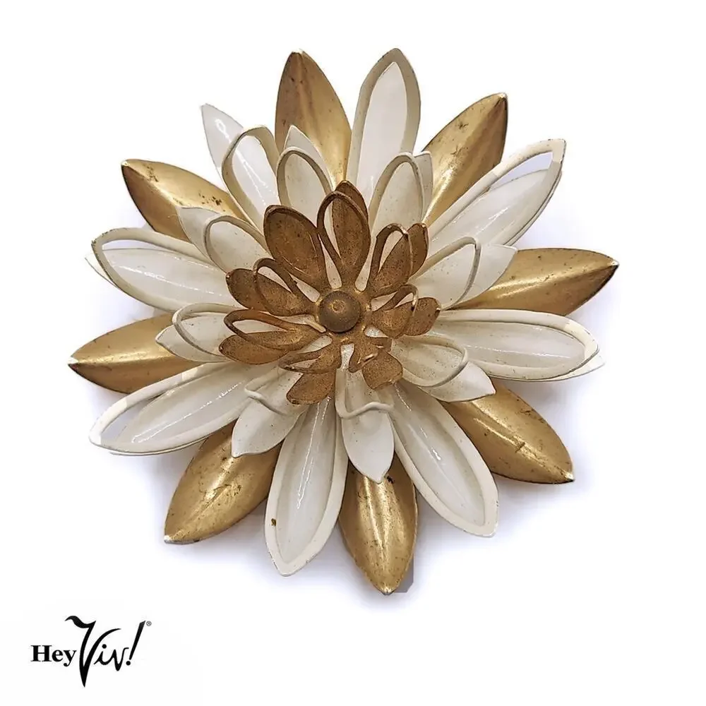 Vintage Sarah Coventry 3D Flower Brooch Pin Gold w White Enamel 2.5